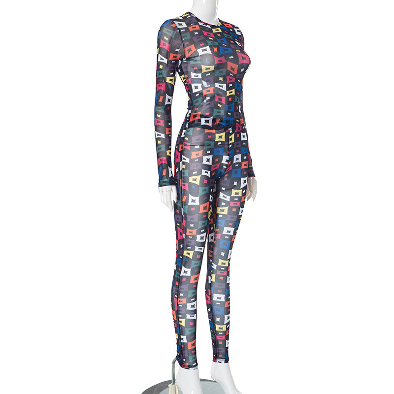 Women sexy mesh see-through print top and casual trousers two-piece set 9