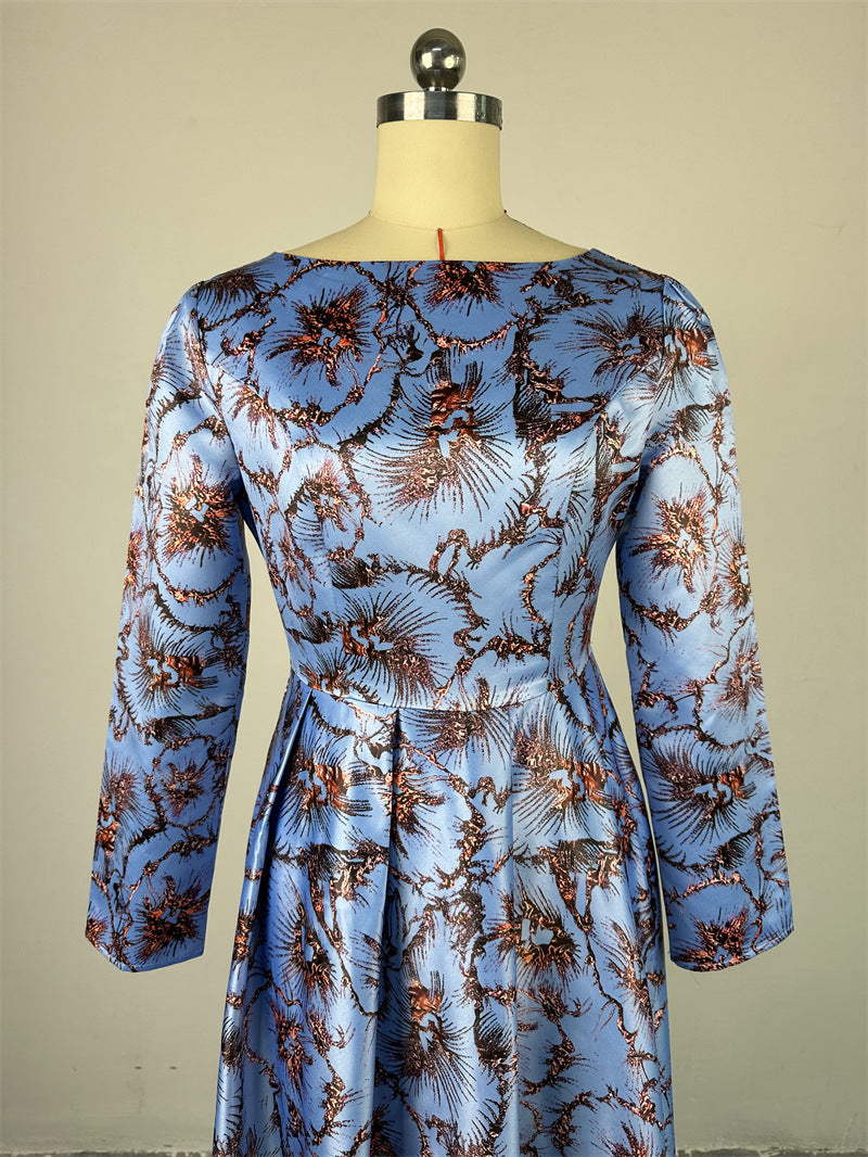 Women Spring Round Neck Long Sleeve Maxi Pleated Dress 11