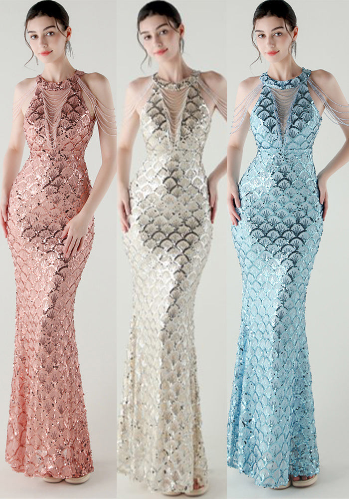 Elegant Chain-Decorated Fishtail Sequin Evening Dress for Formal Ceremonies