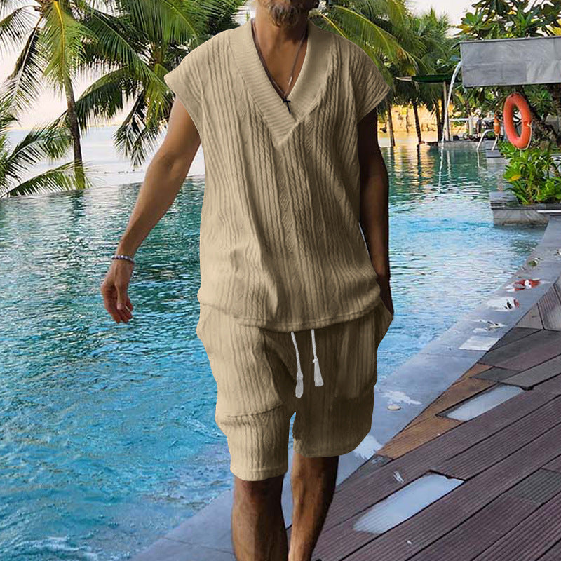 Men's Summer Loose Sleeveless T-Shirt Shorts Men's Summer Casual Jacquard Knitting Set 10