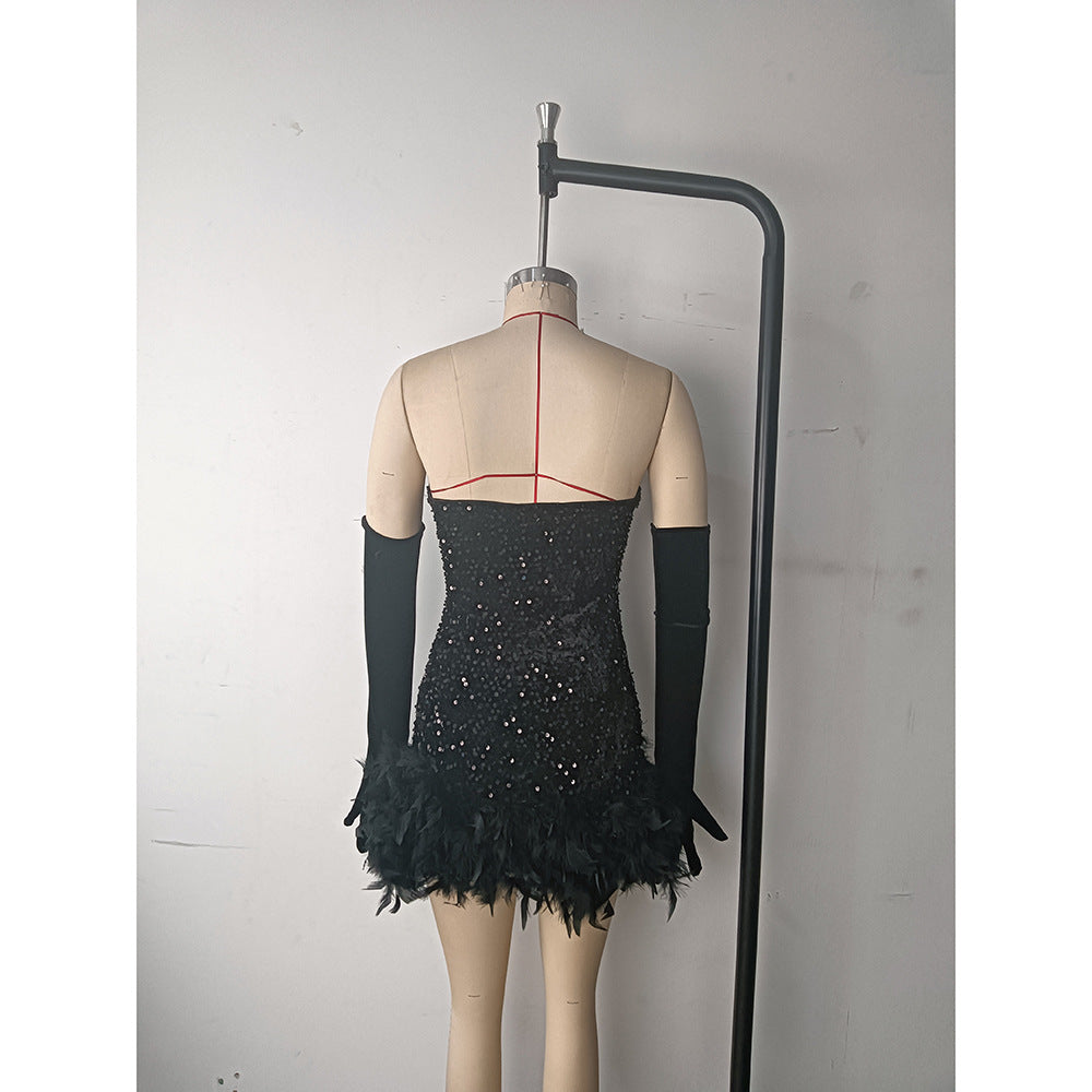 Spring Autumn Fashion Sexy Strapless Sequin Feather Sleeves Formal Party Dress 11