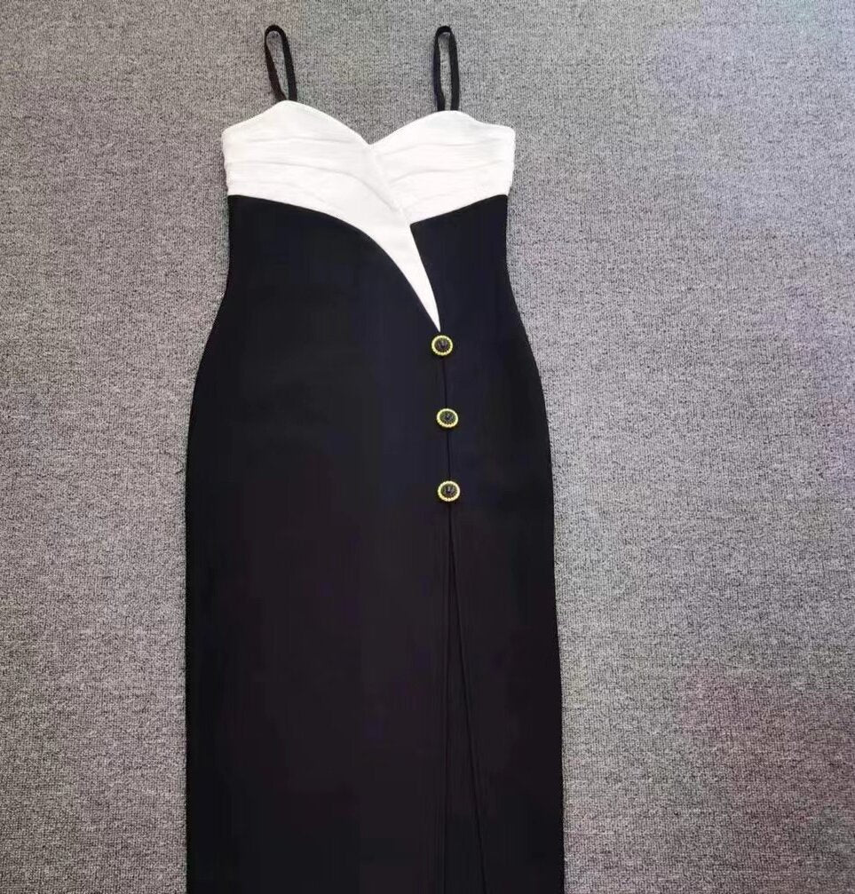 Color-Block Strapless Sleeveless Dress V-Neck Button-Down High-Slit Sexy Bandage Gown 12