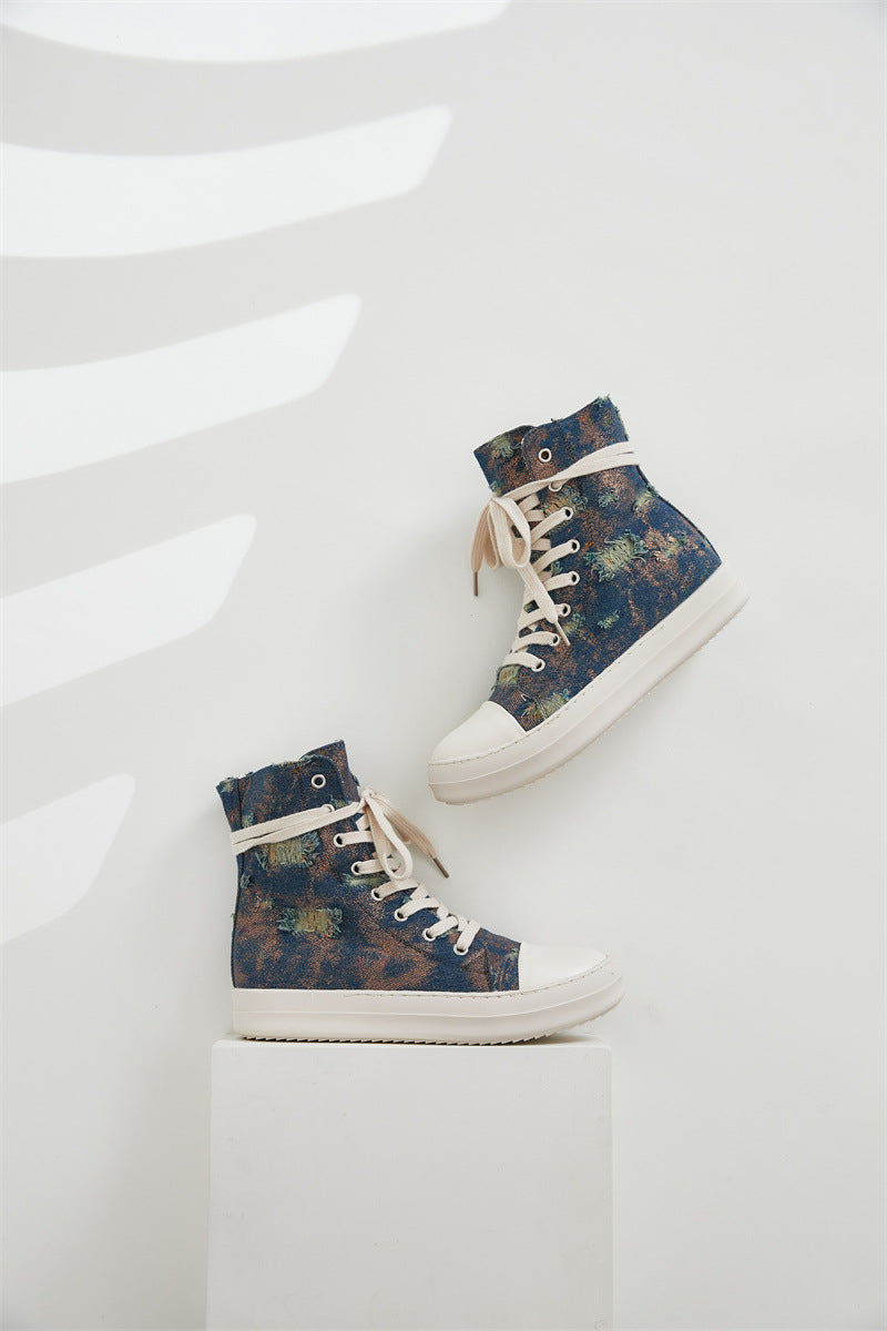 Platform Canvas Shoes Women's Washed Couple High-Top Shoes Ripped Denim Style Trendy Shoes For Men 10