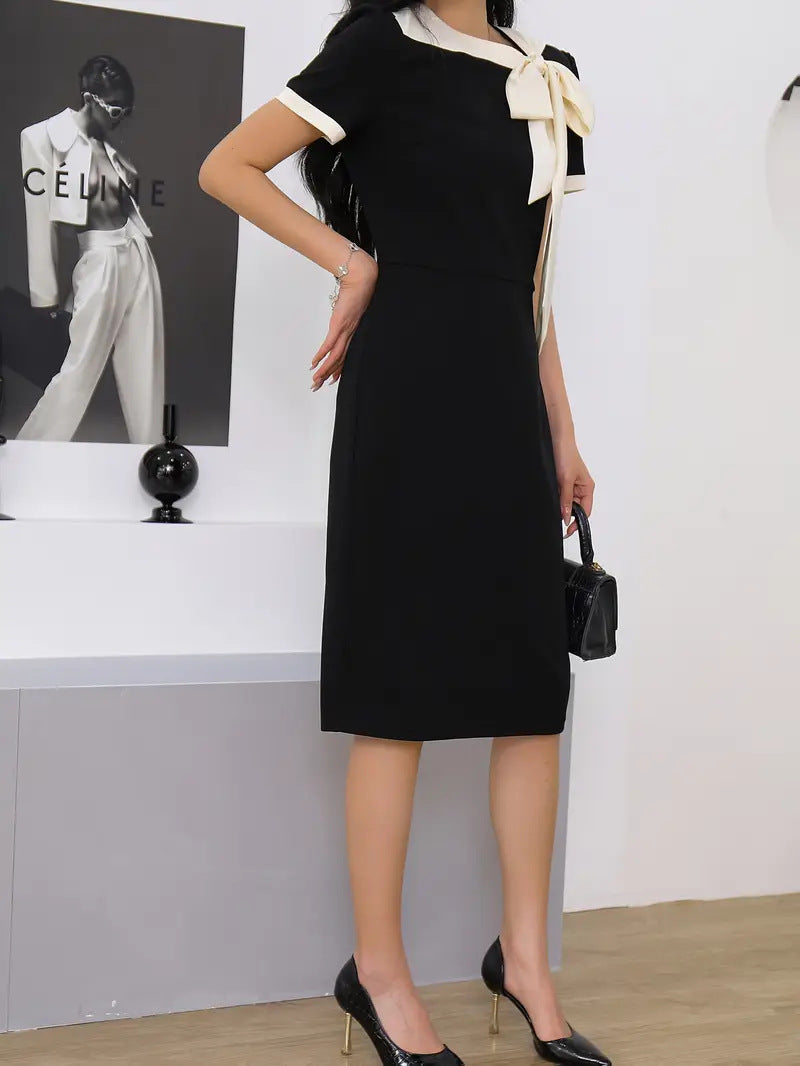 Women Round Neck Bow Contrast Formal Party Dress 3