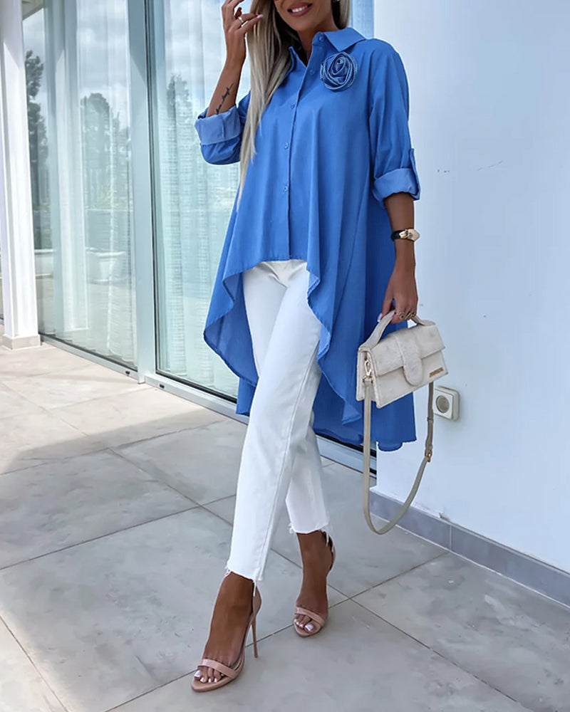 Women's Blue Long-Sleeved Flower Irregular Loose Shirt 3