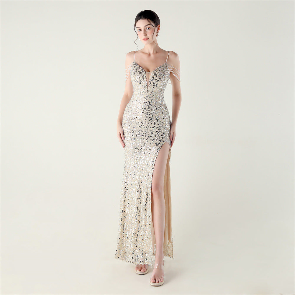 Women Heavy Beaded Tube Beaded Lace-Up V Neck Slit Suspender Formal Party Evening Dress 22