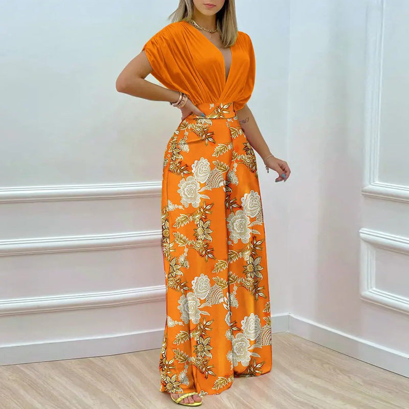 Women's Spring Summer Solid Bat Sleeves Top Print Wide Leg Pants Two-Piece Set 10