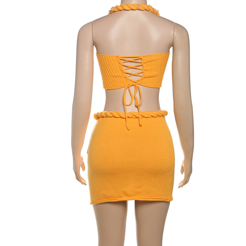 Women Summer Style Casual Solid Knitting Halter Neck Top and Skirt Two Piece Set 14