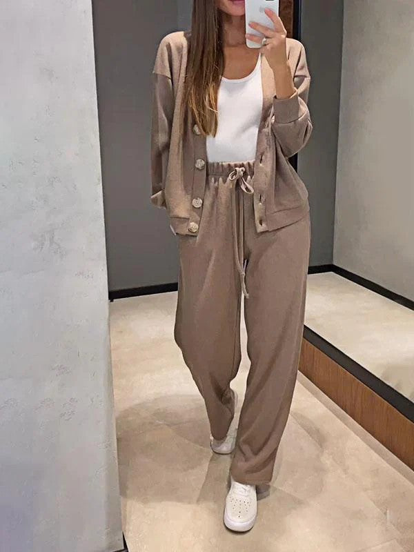 Women Solid Casual Button Top and Pants Two Piece Set 3
