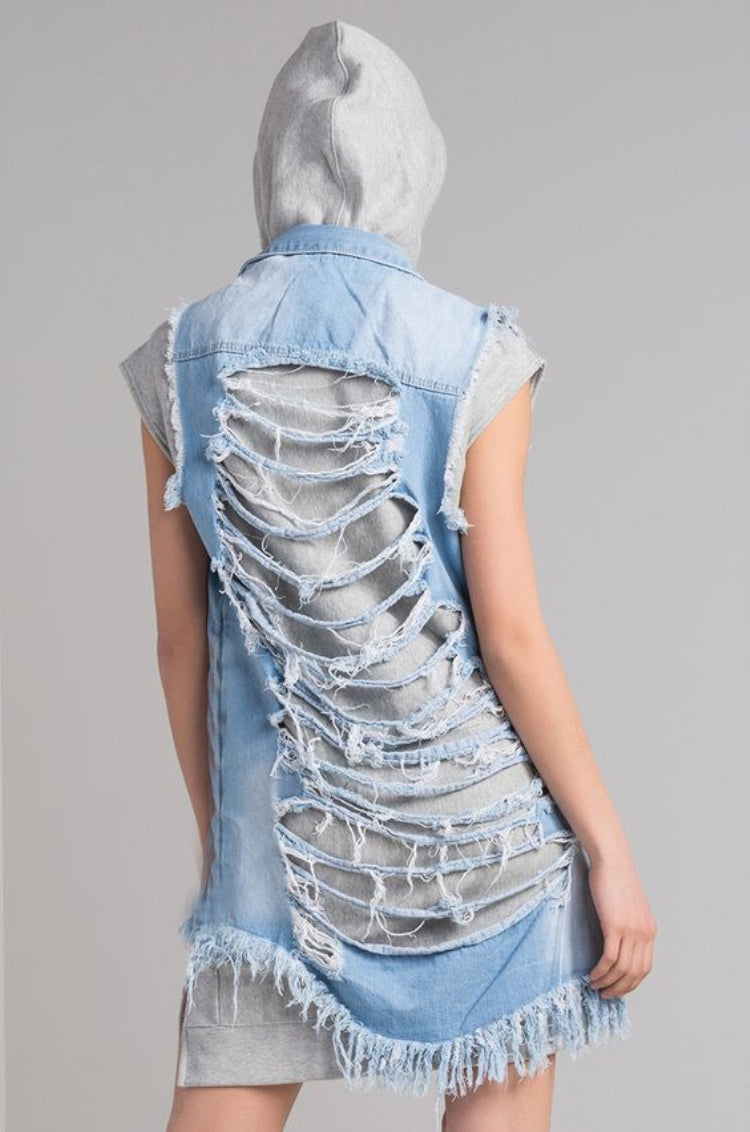 Women Spring Blue Sleeveless Denim Ripped Long Jacket