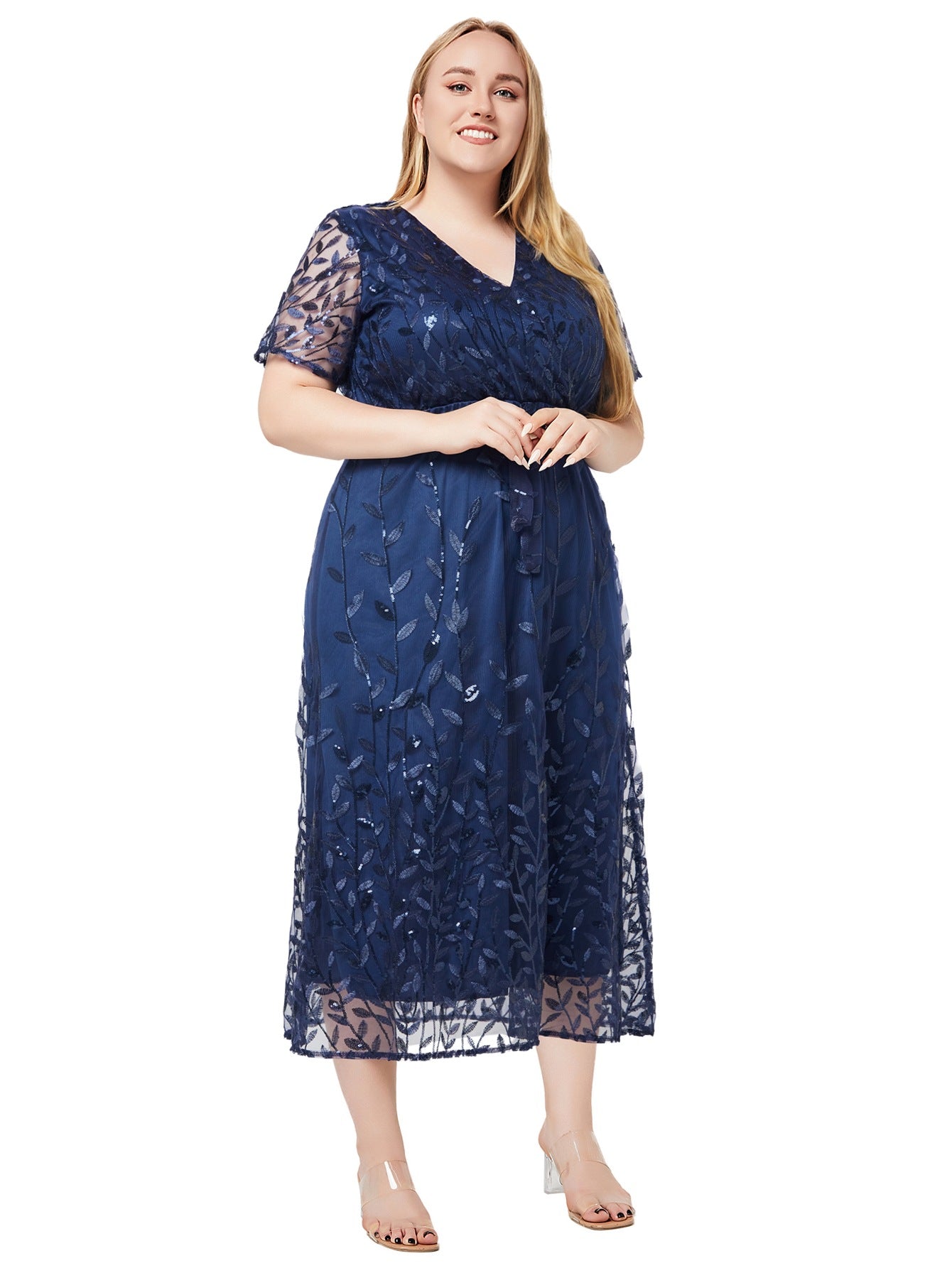 Plus Size Women Spring and Summer V Neck Short Sleeve Sequin Dress 3