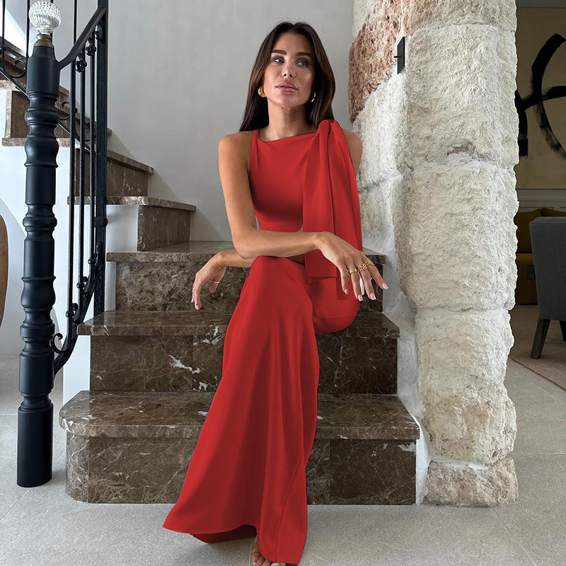 Women's Summer Fashion Chic One Shoulder Floater Solid Color Long Dress 7