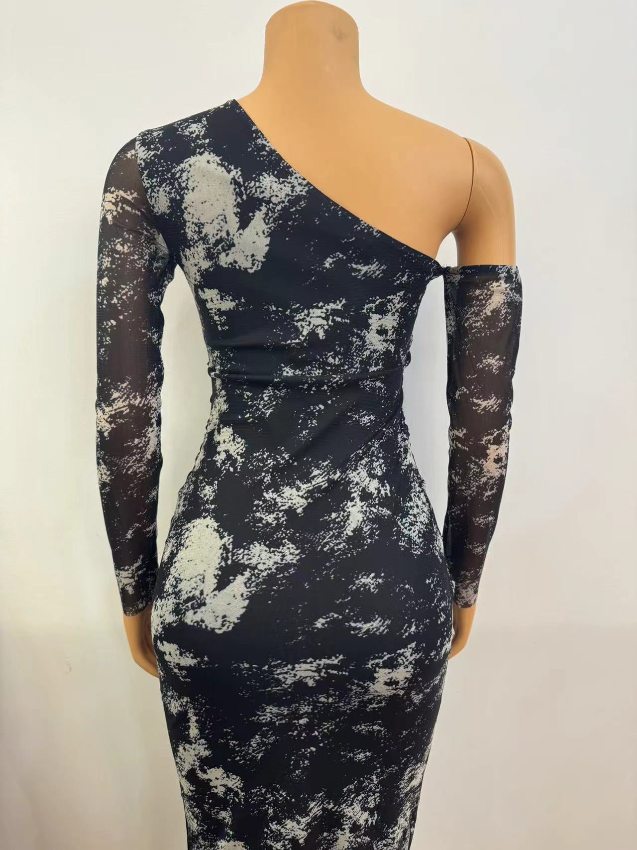 Fall Women Printed Slash Shoulder Bodycon Long Sleeve Dress 8