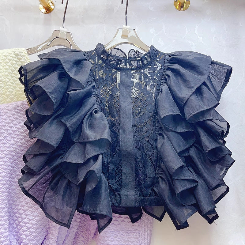 Women Summer French Ruffle Patchwork Crochet Hollow Stand Collar Lace Shirt 3