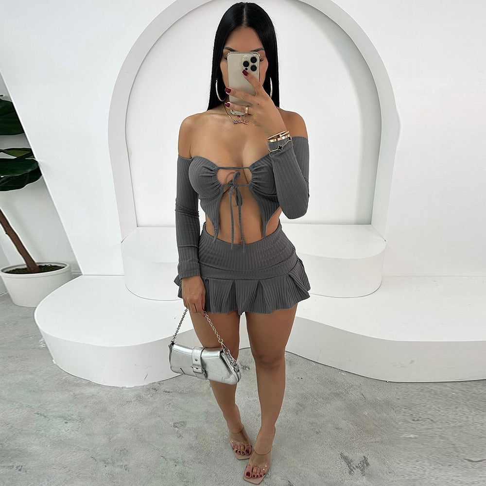 Women Sexy Hollow Off Shoulder Lace-Up Top and Skirt Two Piece Set