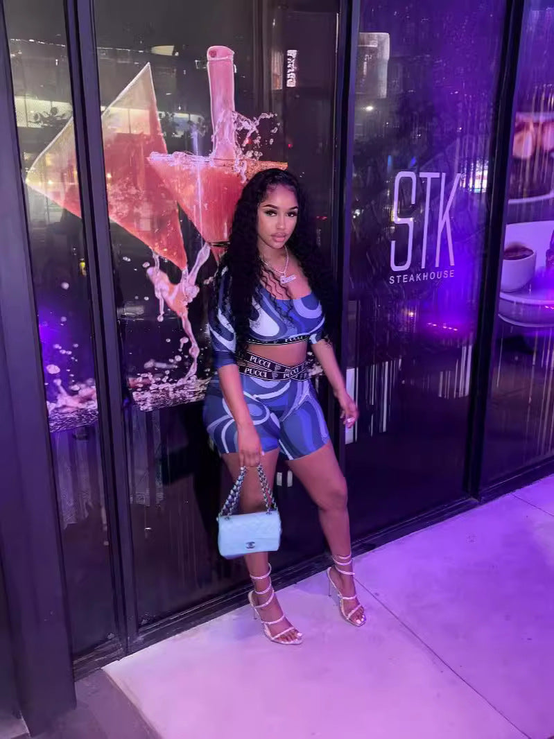 Women Fashion Printed Top and Shorts Two-piece Set 3