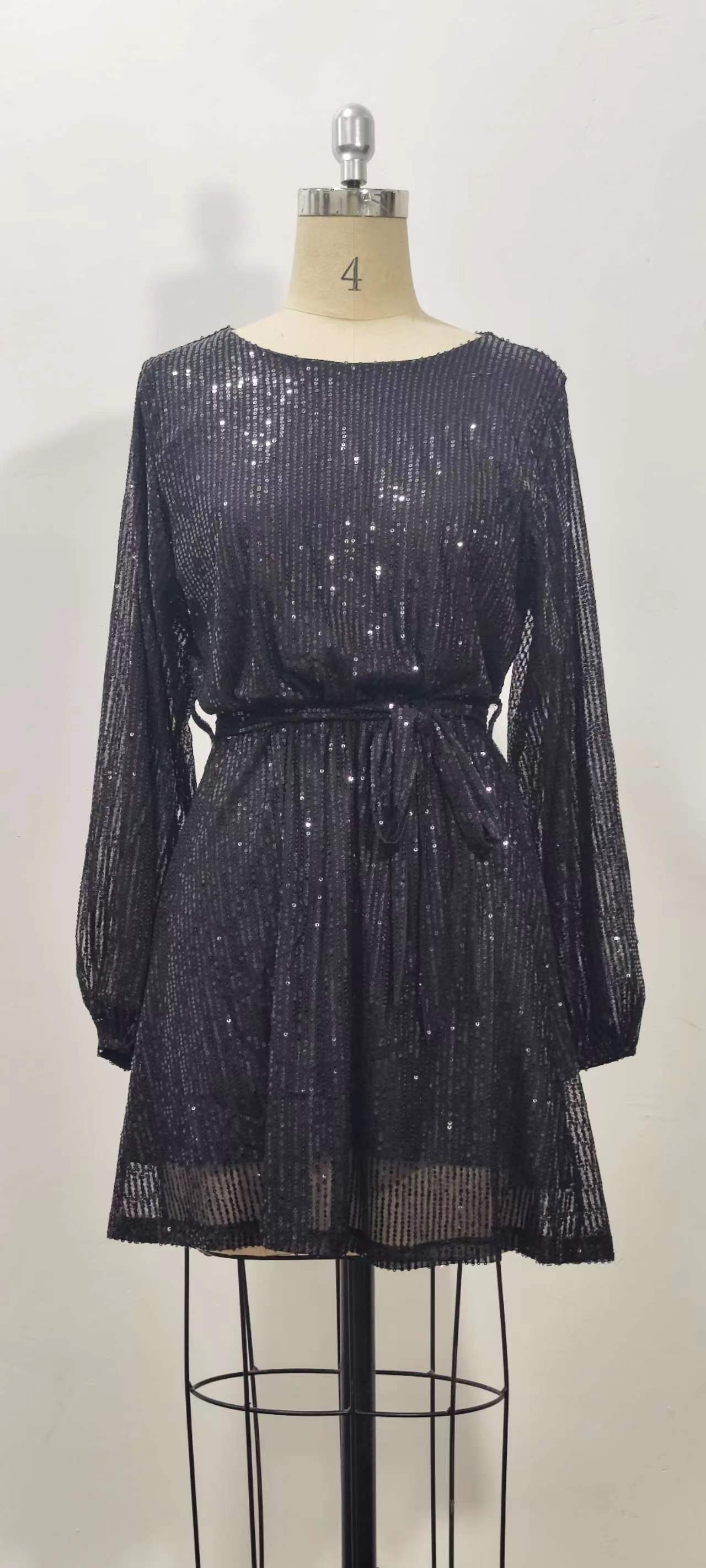 Summer Sequin Round Neck Long Sleeve Casual Loose Sequin Dress 12