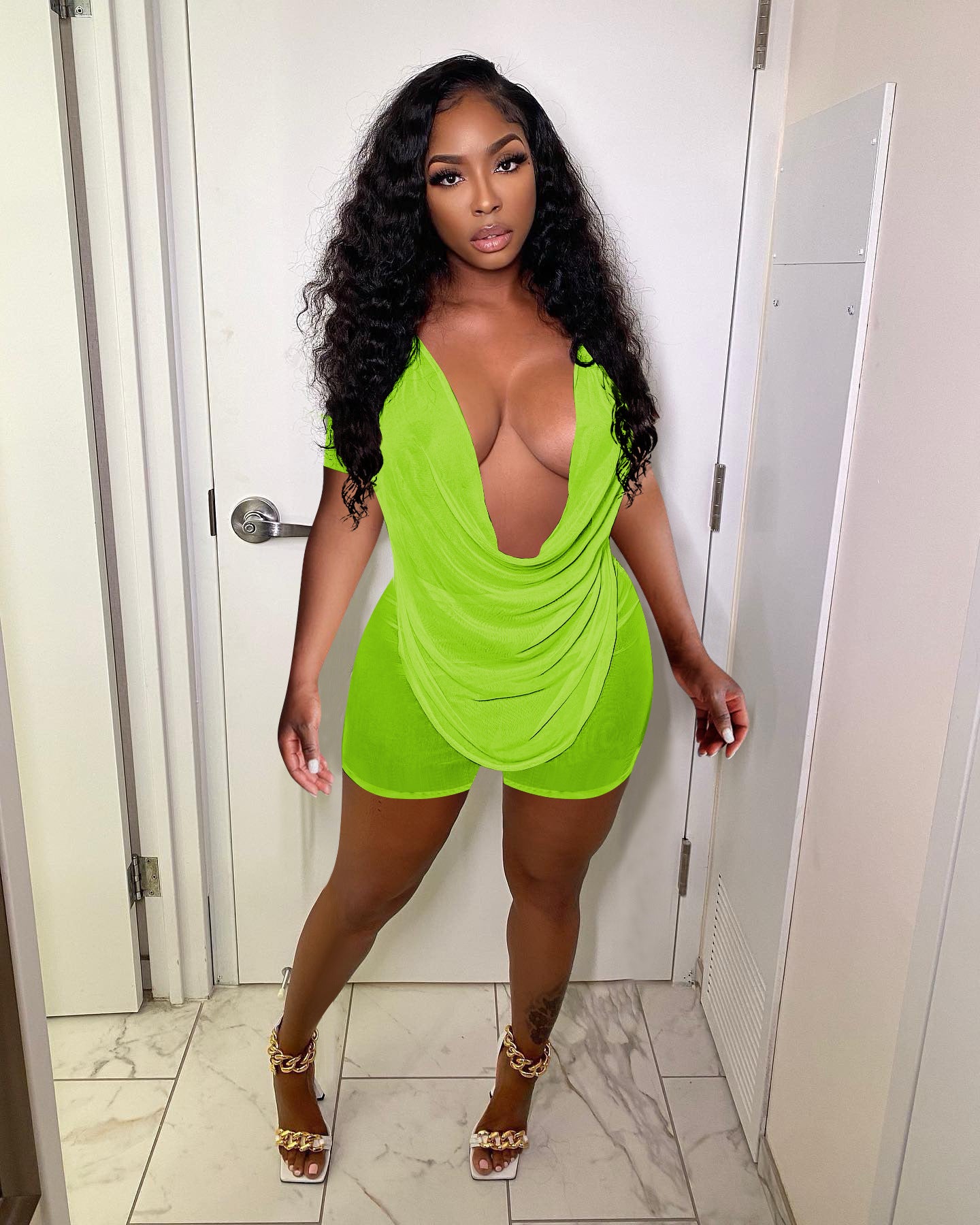 Sexy See-Through Low Back Mesh Two-Piece Shorts Set for Women 3