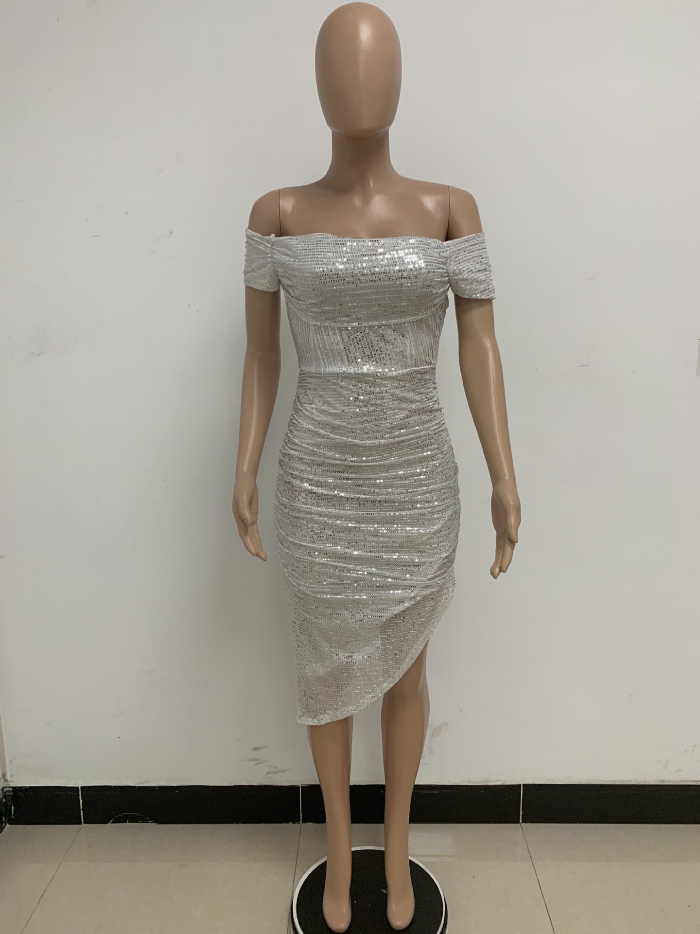 Women French Off Shoulder Sequin Pleated Dress 22