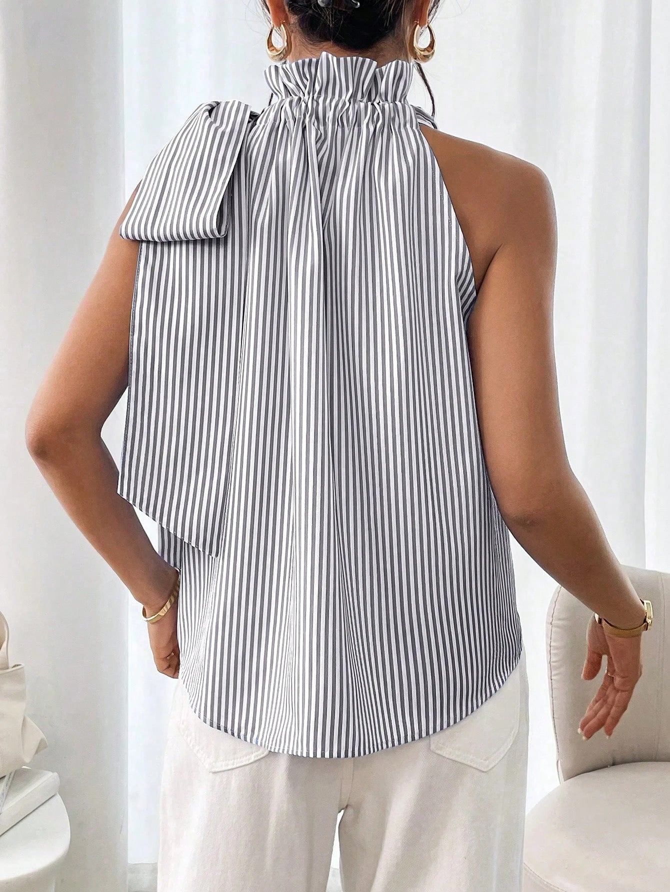Fashion Sleeveless Striped Lace High Neck Tie Knot Women's T-shirt Top 11