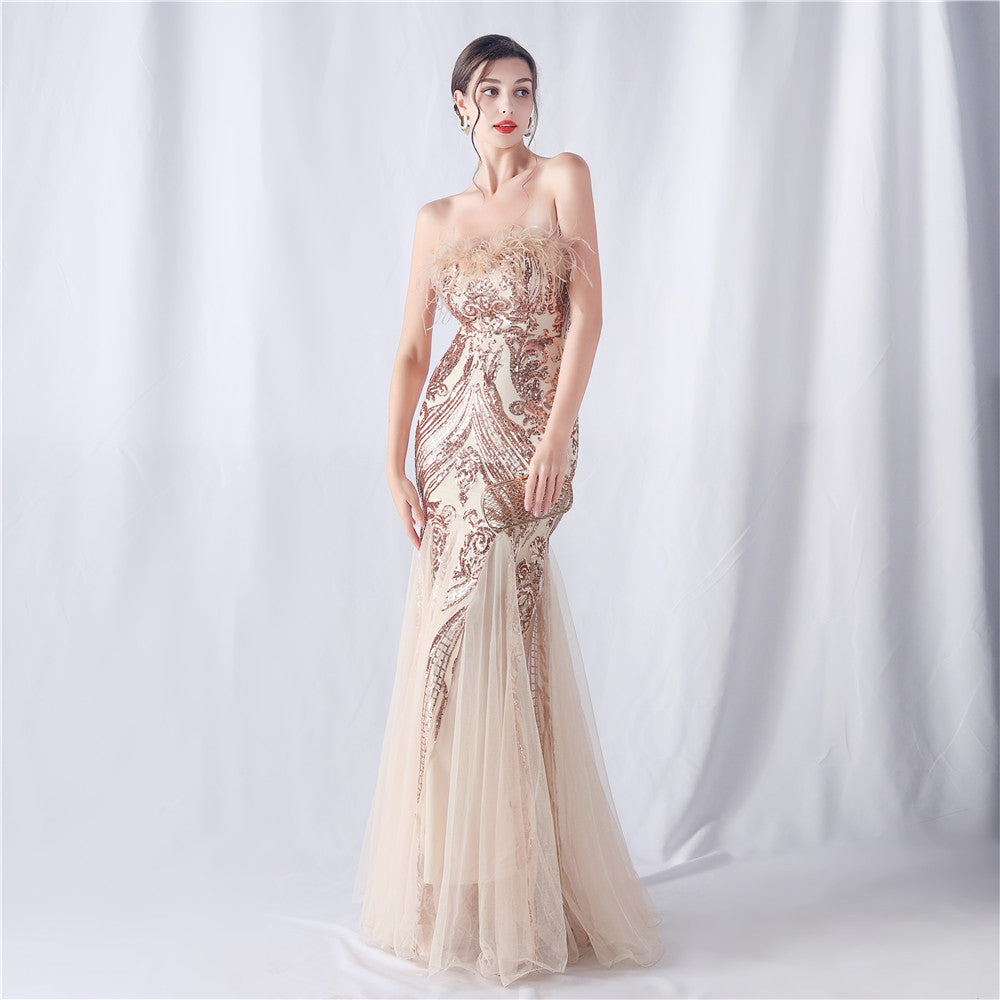 feather sequins mesh patchwork Strapless wedding party dress 16