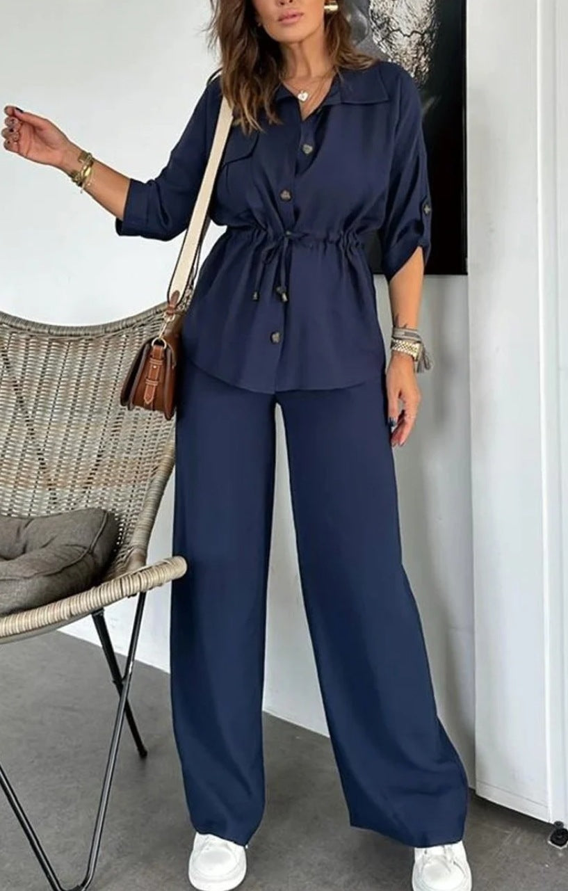 Women Autumn Casual Solid Drawstring Patch Pocket Button Top and Pant Two Piece Set 3