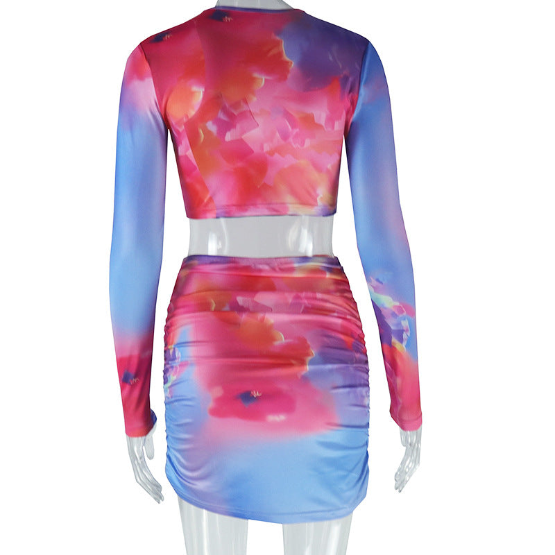 Women Printed Round Neck Long Sleeve Crop Top and Skirt Two Piece Set 6
