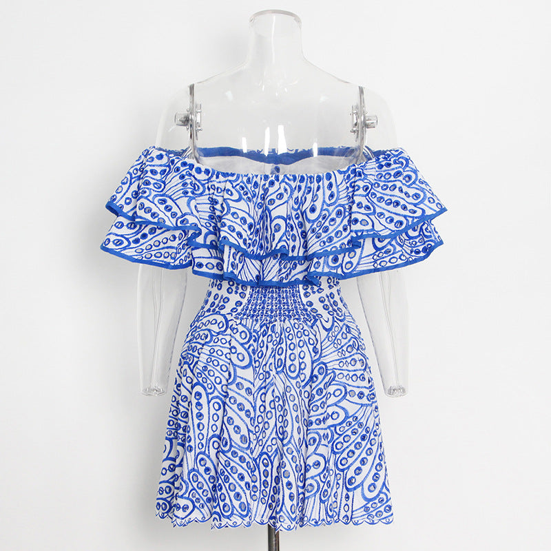 Women Holidays Off Shoulder Embroidered Ruffle Dress 7