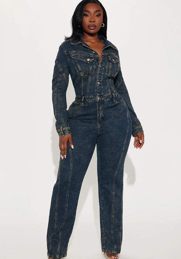 Women’s Casual Long-Sleeve Denim Jumpsuit