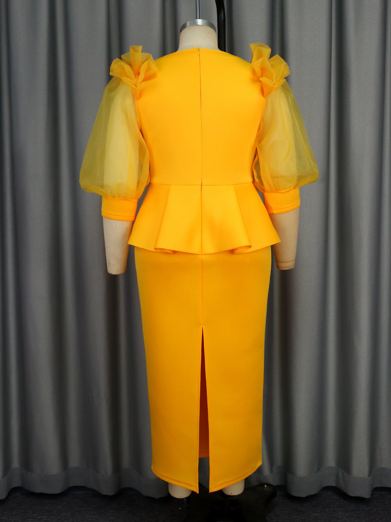 Round Neck See-Through Lantern Sleeve Formal Party Fashion Women Dresses 5