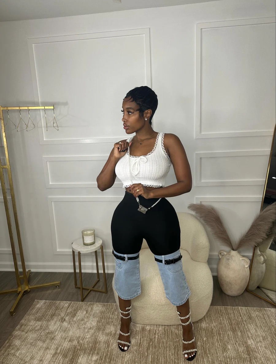 Women Color Block Stretch Denim Bell Bottom Cropped Pants 3