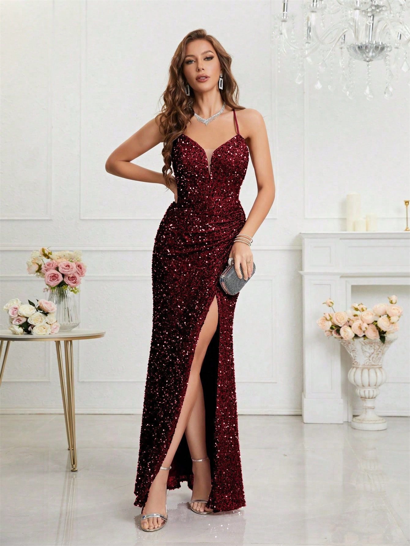 Women Formal Party v-neck sequined evening dress 5