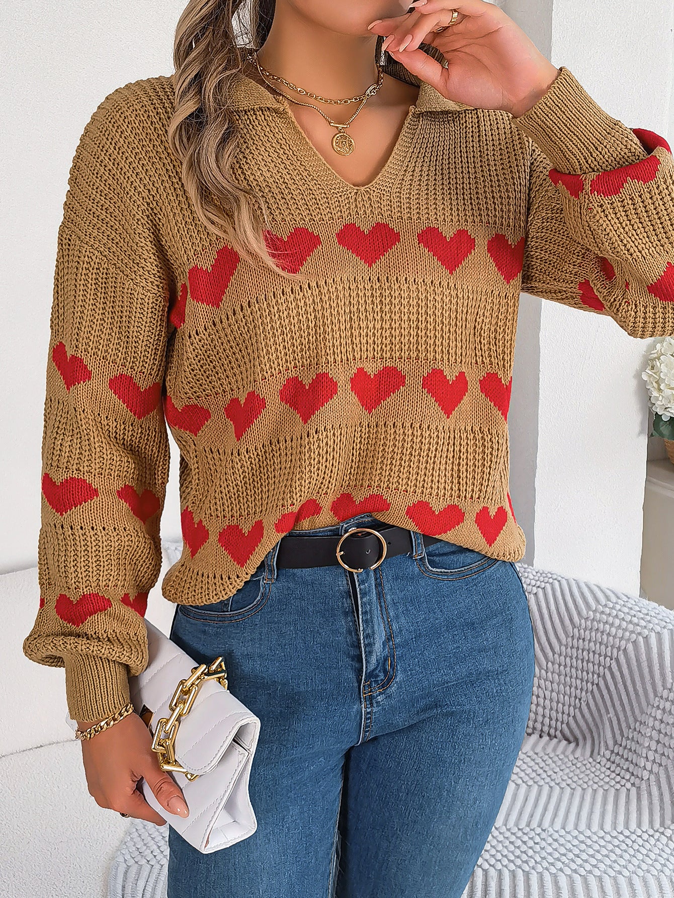 Women Fall/Winter Casual V-neck Balloon Sleeve Heart Print Sweater 5