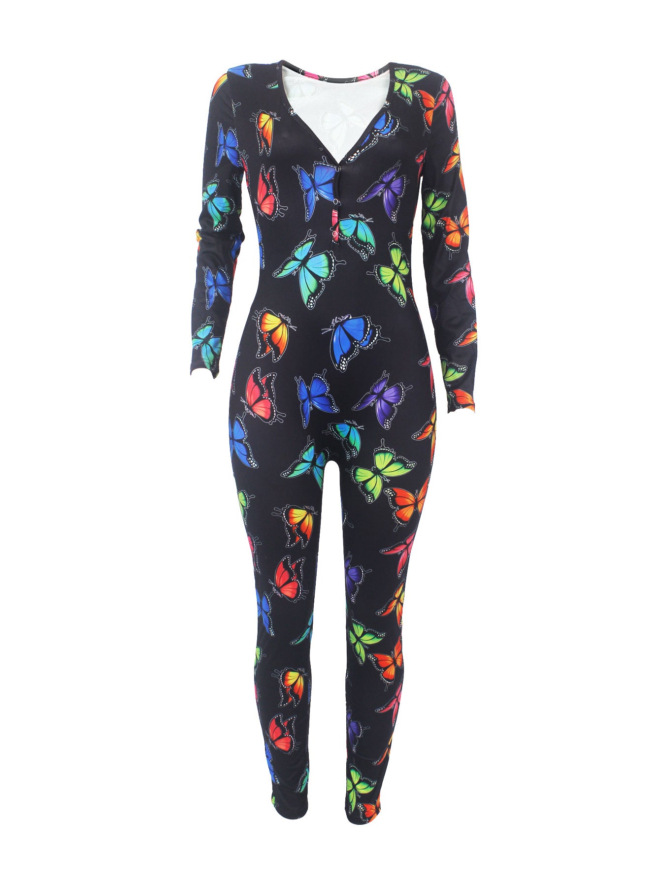 Women's Sexy Fashion Pattern Print Deep V-Neck Long Sleeve Tight Slim Jumpsuit 50