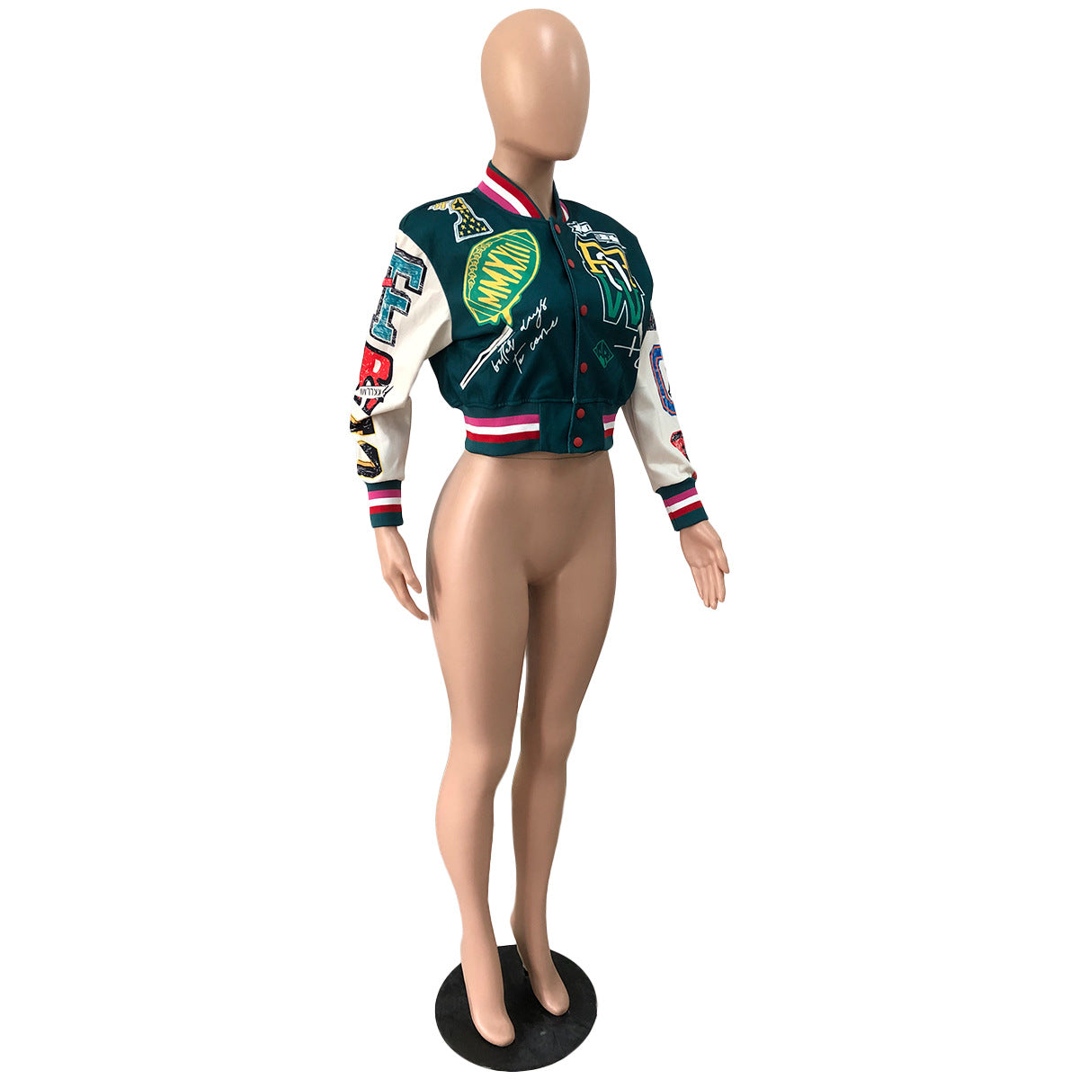 Women Ribbed Print Baseball Jacket 29