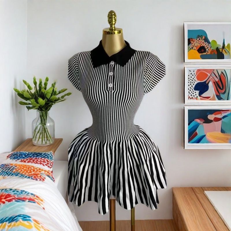 Color-Block Turn-Down Collar Striped A-Line Dress 3