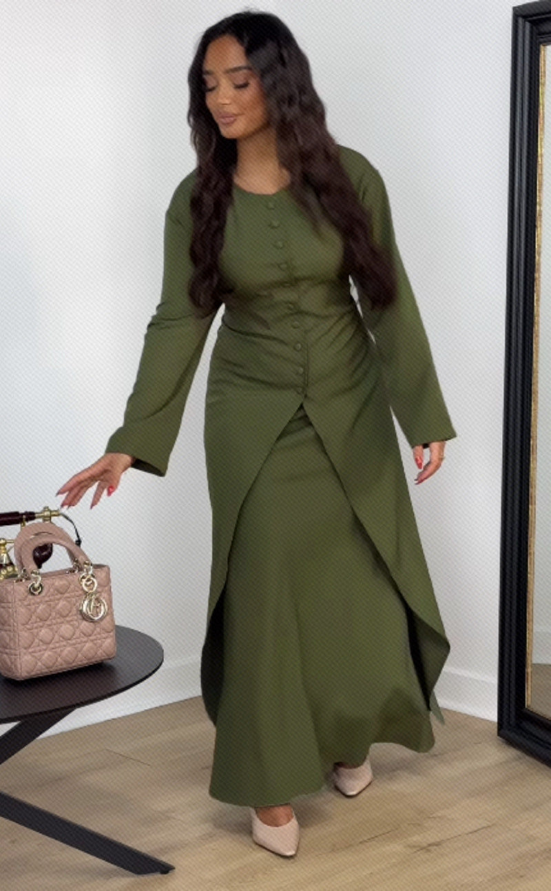 Women Autumn and Winter Satin Button Dress Two Piece Set