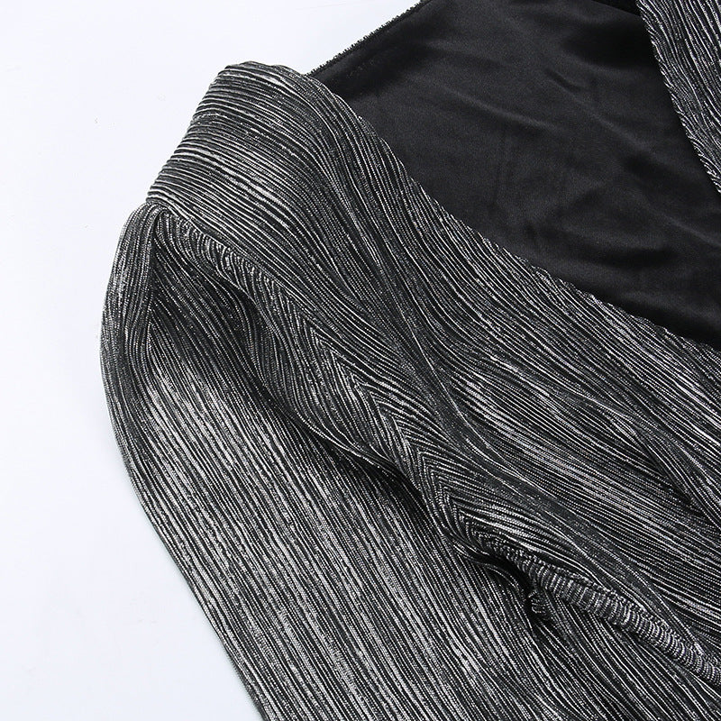 Sexy deep v steel ring pleated long sleeve dress 15