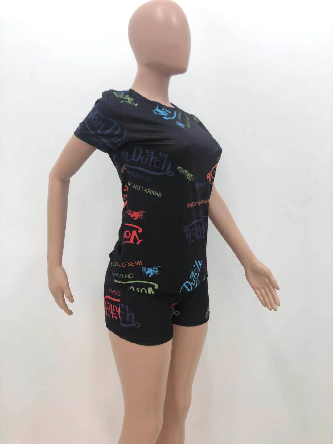 Women Sexy Letter Print Round Neck Short Sleeve Top and Shorts Two Piece Set 19