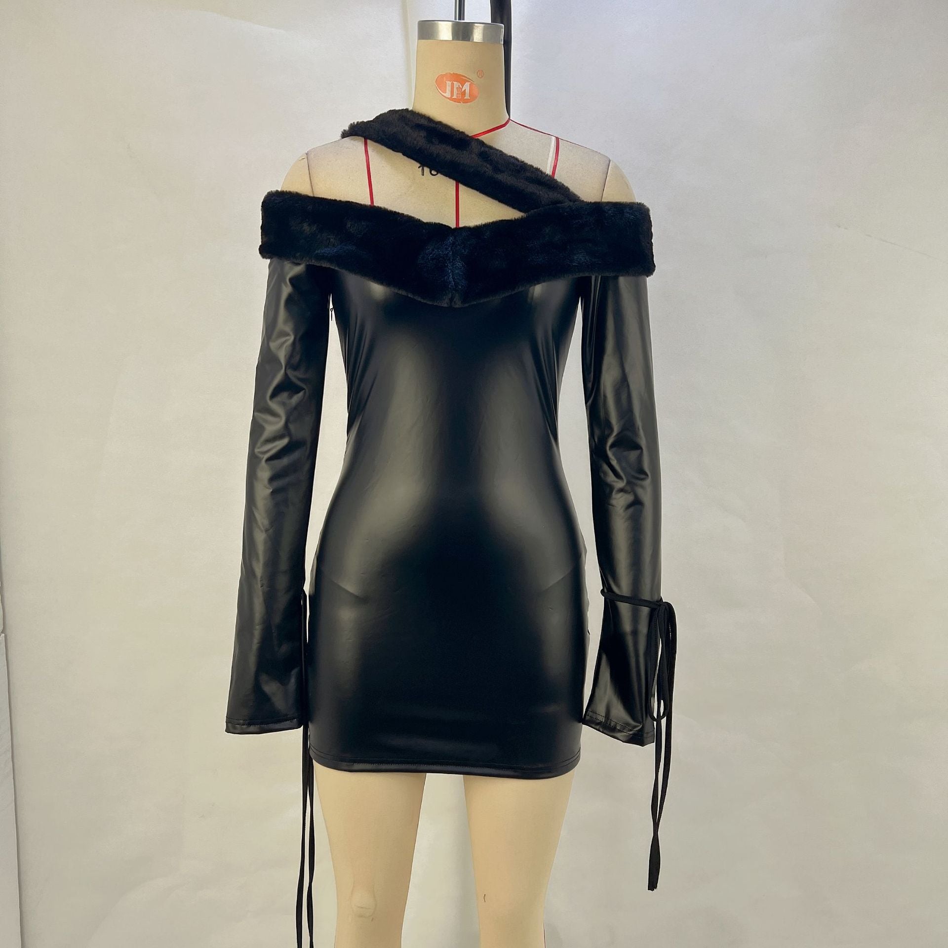 Autumn And Winter Fashionable Women's Clothing Fleece Patchwork Off Shoulder Pu Leather Bodycon Dress 6