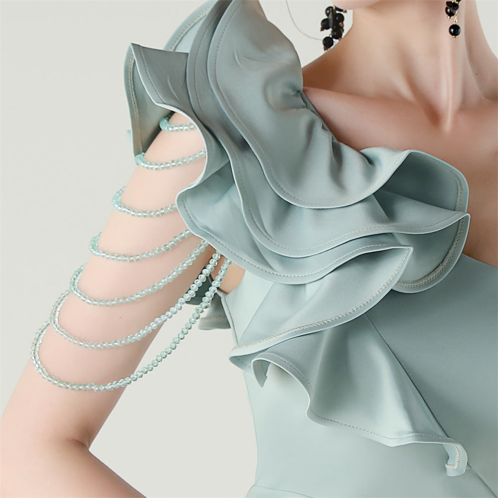 Women One-Shoulder Beaded Wool and Floral Satin Slit Sexy Evening Dress 63