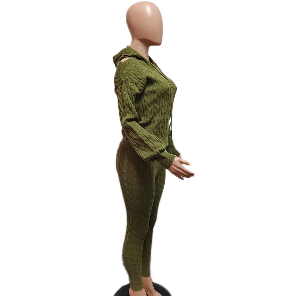 Women's Fashion Solid Color High Stretch Knitting Hooded Sweater Slim Long Pants Two Piece Set 26