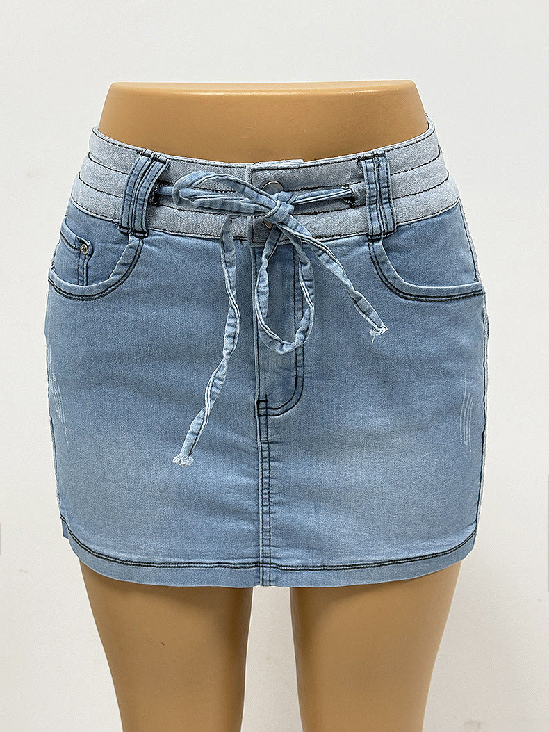 Short Contrast Color Drawstring Women's Bodycon Denim Short Skirt 6