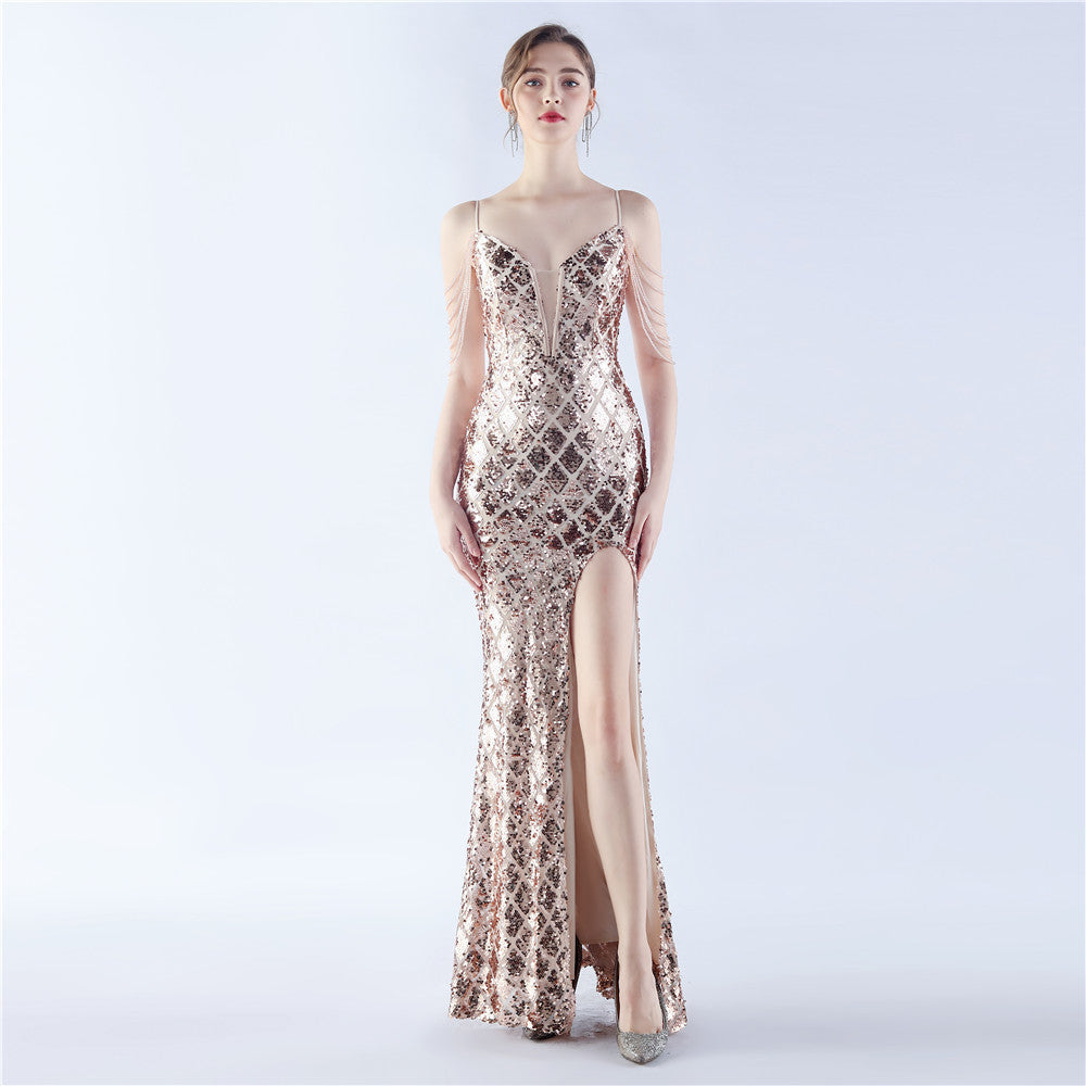 Women Herringbone Lace-Up Symphony Beaded Evening Dress 15