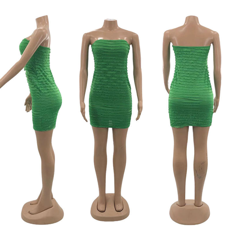 Spring Summer Women's Solid Color Strapless See-Through Mesh Sexy Mini Dress 14