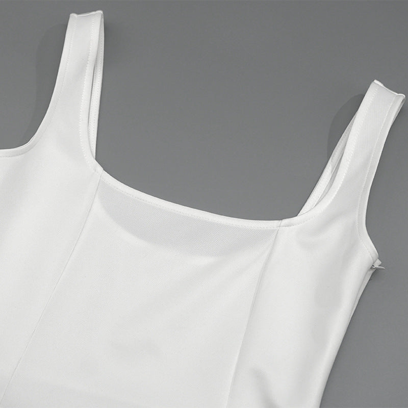 Spring Summer Square Neck Sleeveless Slim Waist Strap Dress 18