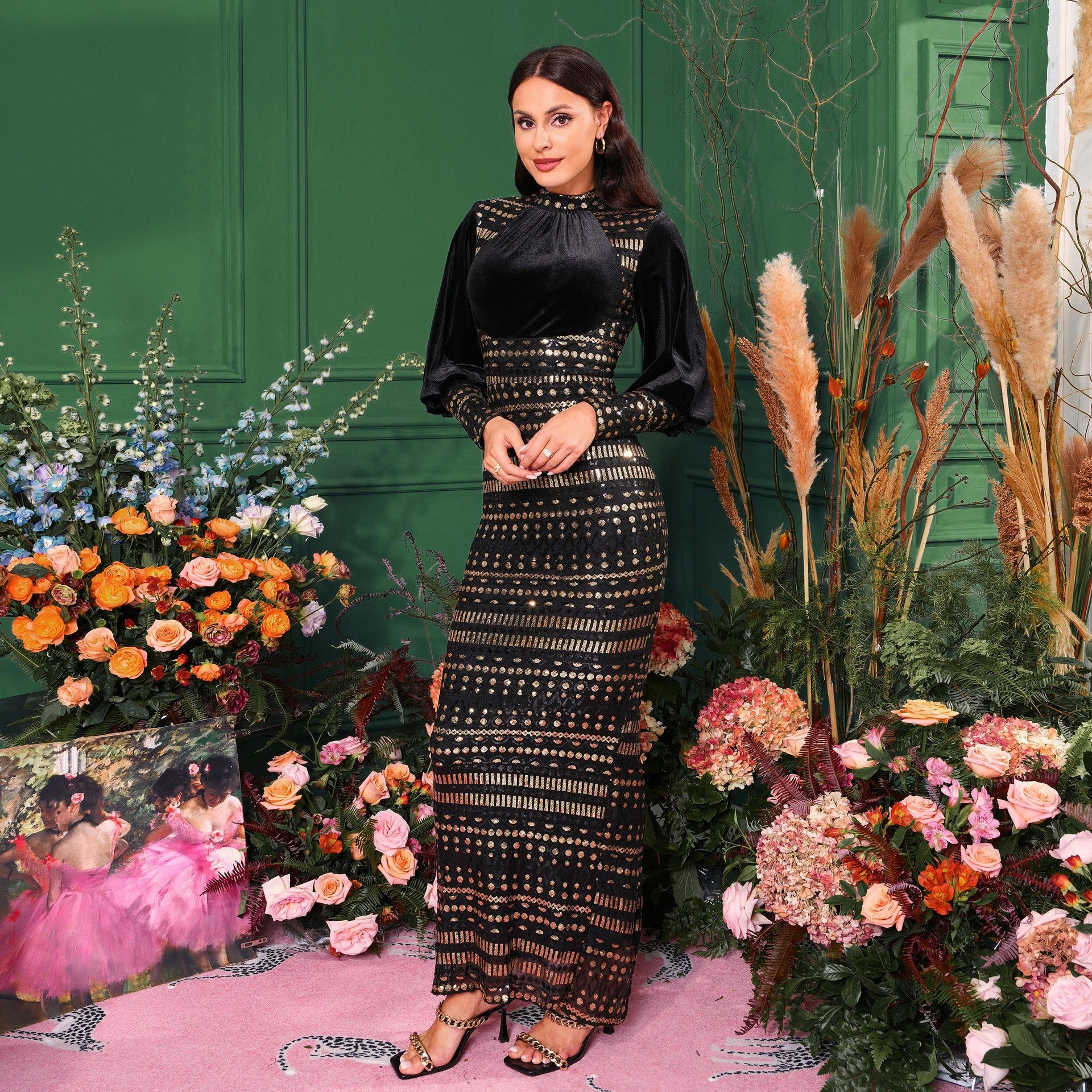 Luxury Long Sleeve Round Neck Formal Party Sequin Slim Slit Evening Dress Women Bridesmaid Gown 8