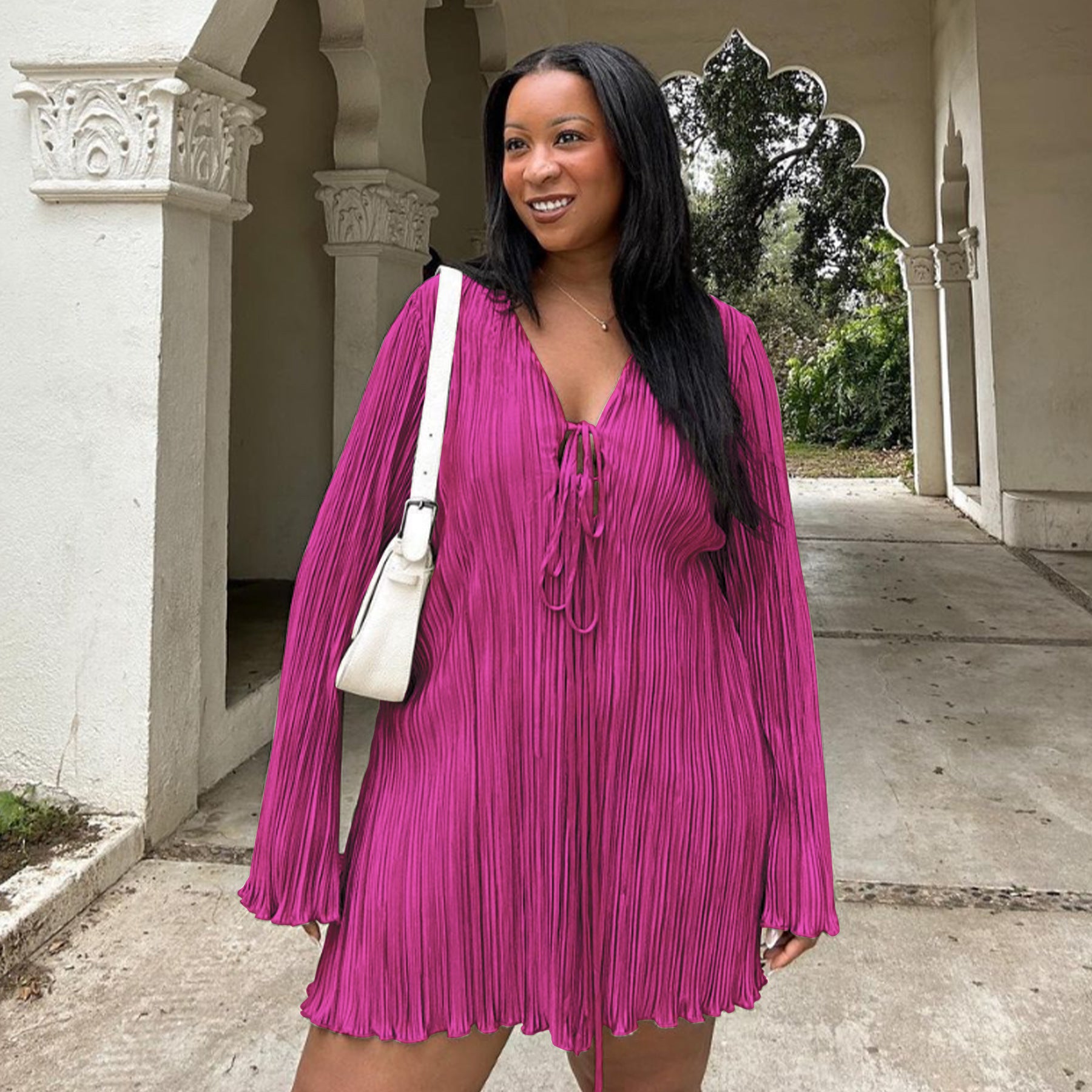 Plus Size Bell Bottom Long Sleeve Solid Color Casual Dress 4