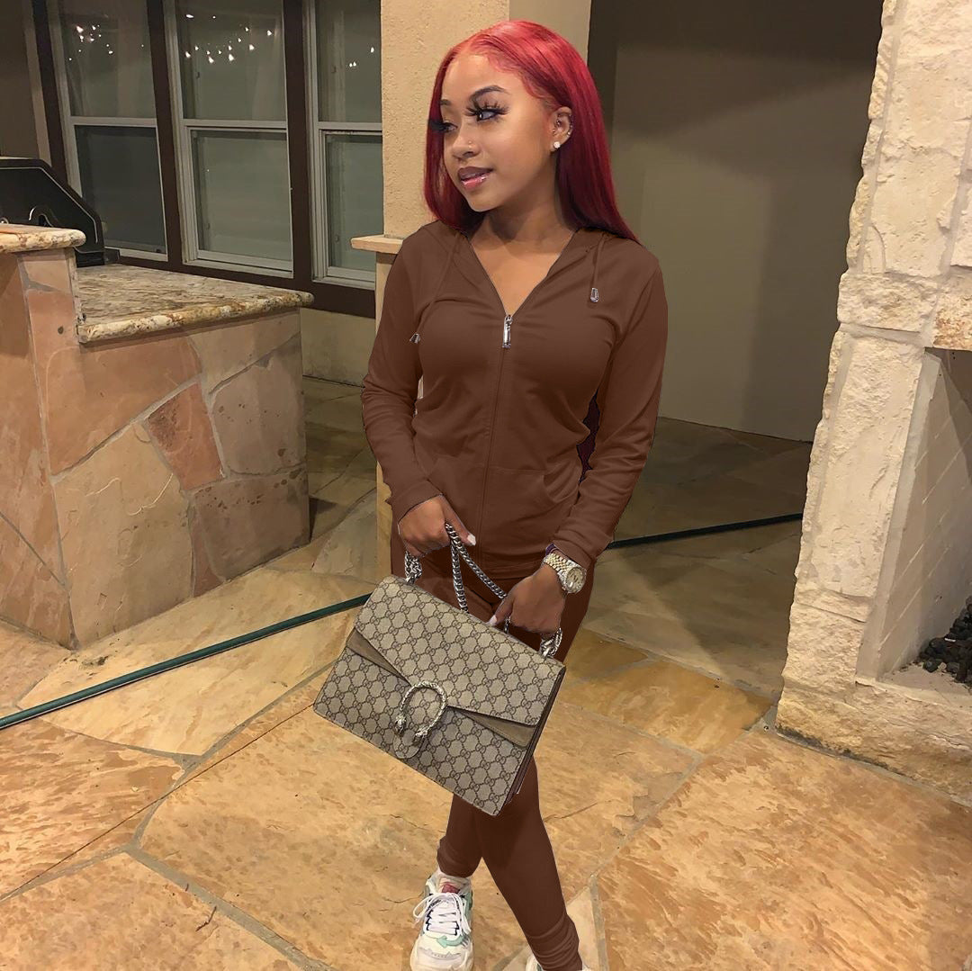 Women Summer Sports Hooded Full Sleeves Solid Pockets Regular Two Piece Pants Set 21