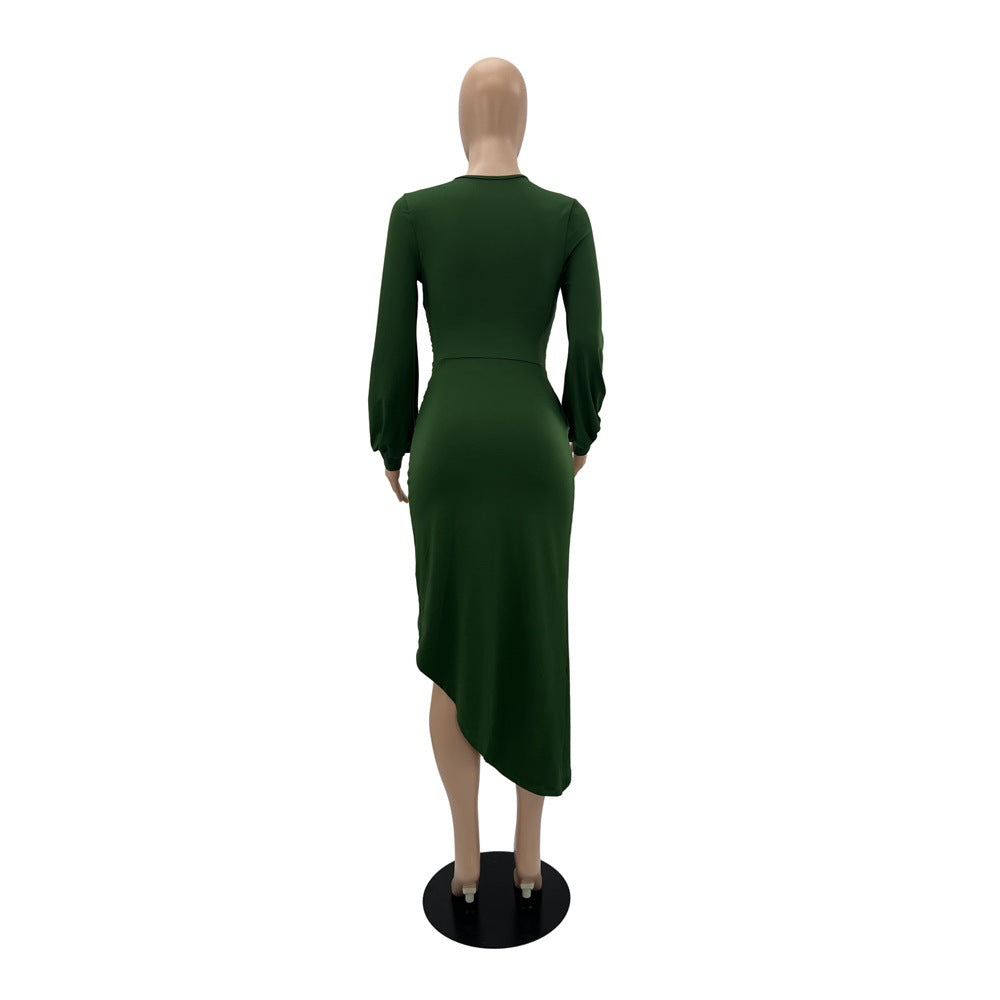 Women Sexy Long Sleeve V-Neck Irregular Slim Dress 14